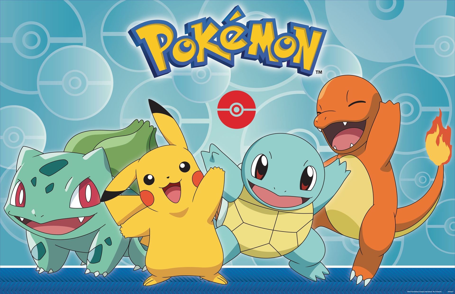 Bulbasaur, Pikachu, Squirtle, and Charmander smiling against a blue Pokeball background with the Pokemon logo.