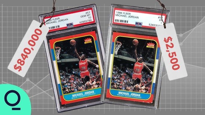 Two graded Michael Jordan basketball cards hanging on tags labeled $840,000 and $2,500 against a grey grid background.