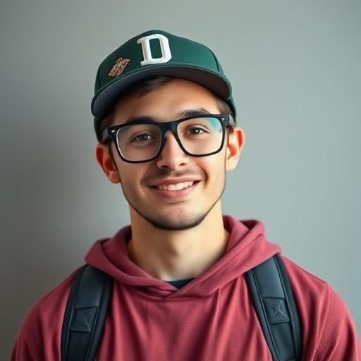 A young man wearing glasses and a hat with the letter d on it