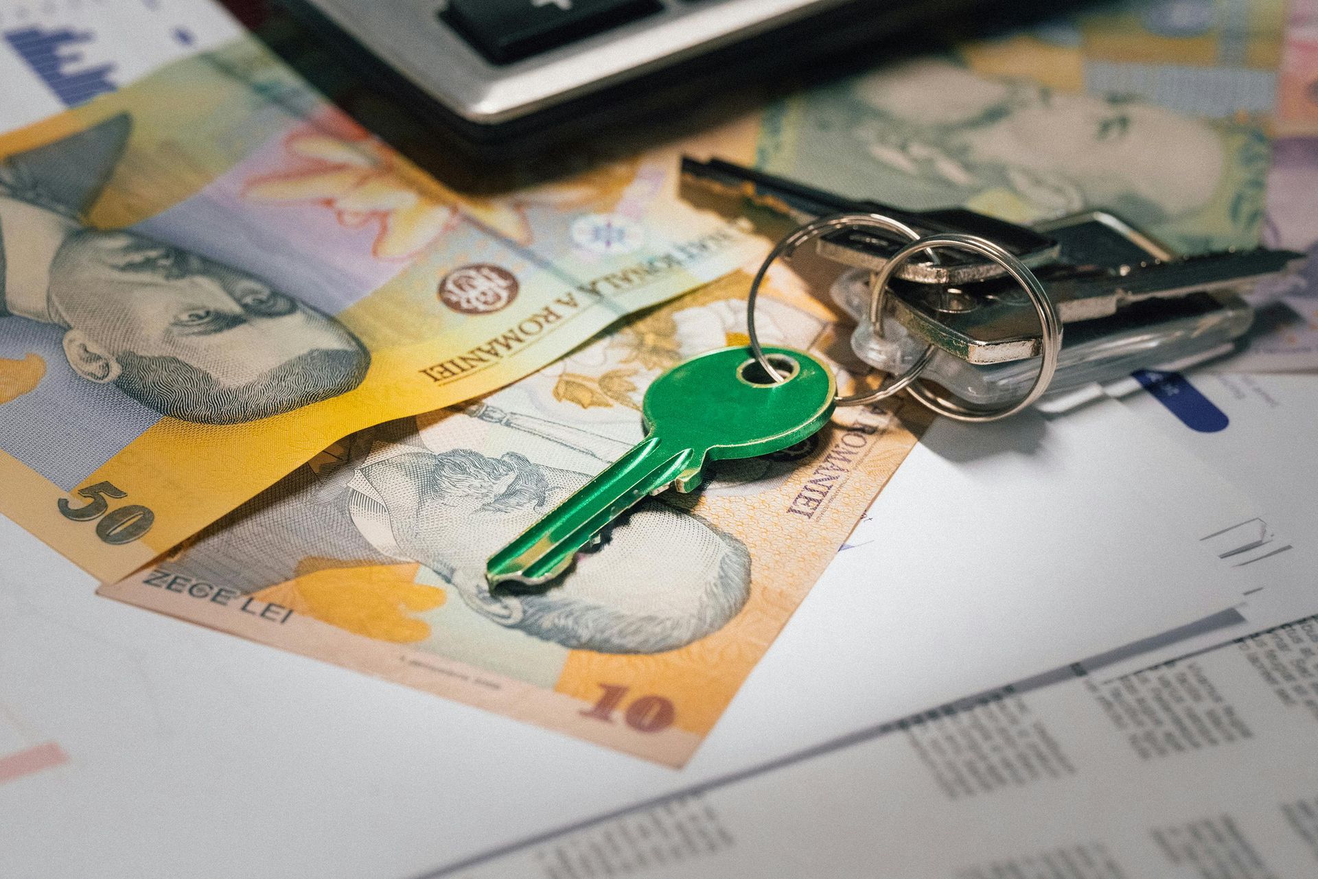 Keys on banknotes, calculator in background.