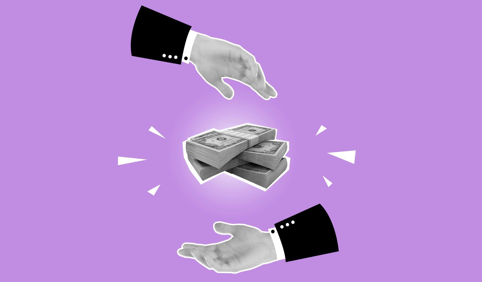 Hands reaching toward and away from stacks of silver bricks.