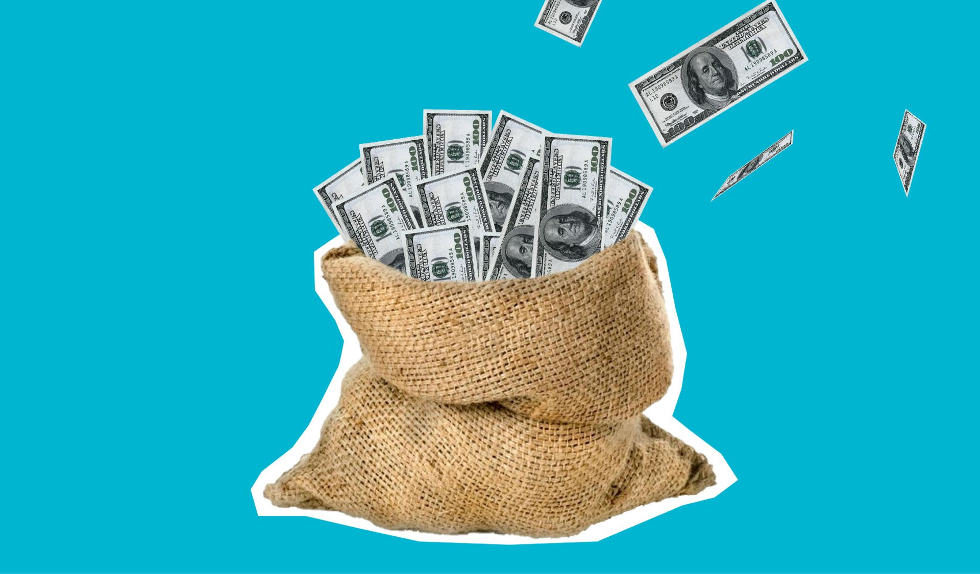 A burlap sack overflowing with money, with some bills floating against a blue background.