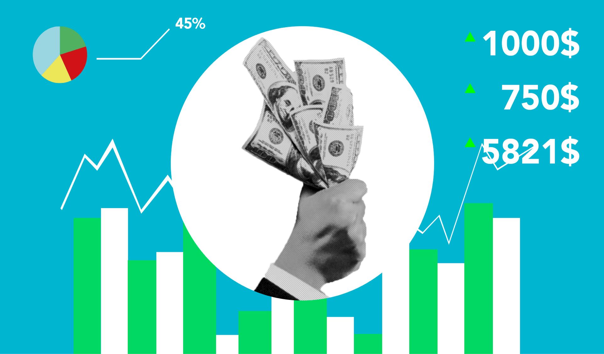 A graphic shows a hand holding US dollar bills inside a circle, framed by a pie chart, bar graphs, and rising dollar values.