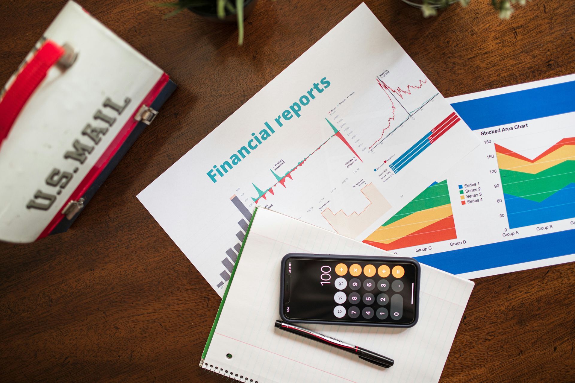Financial reports with graphs, calculator, pen, and US Mailbox on a wooden desk.