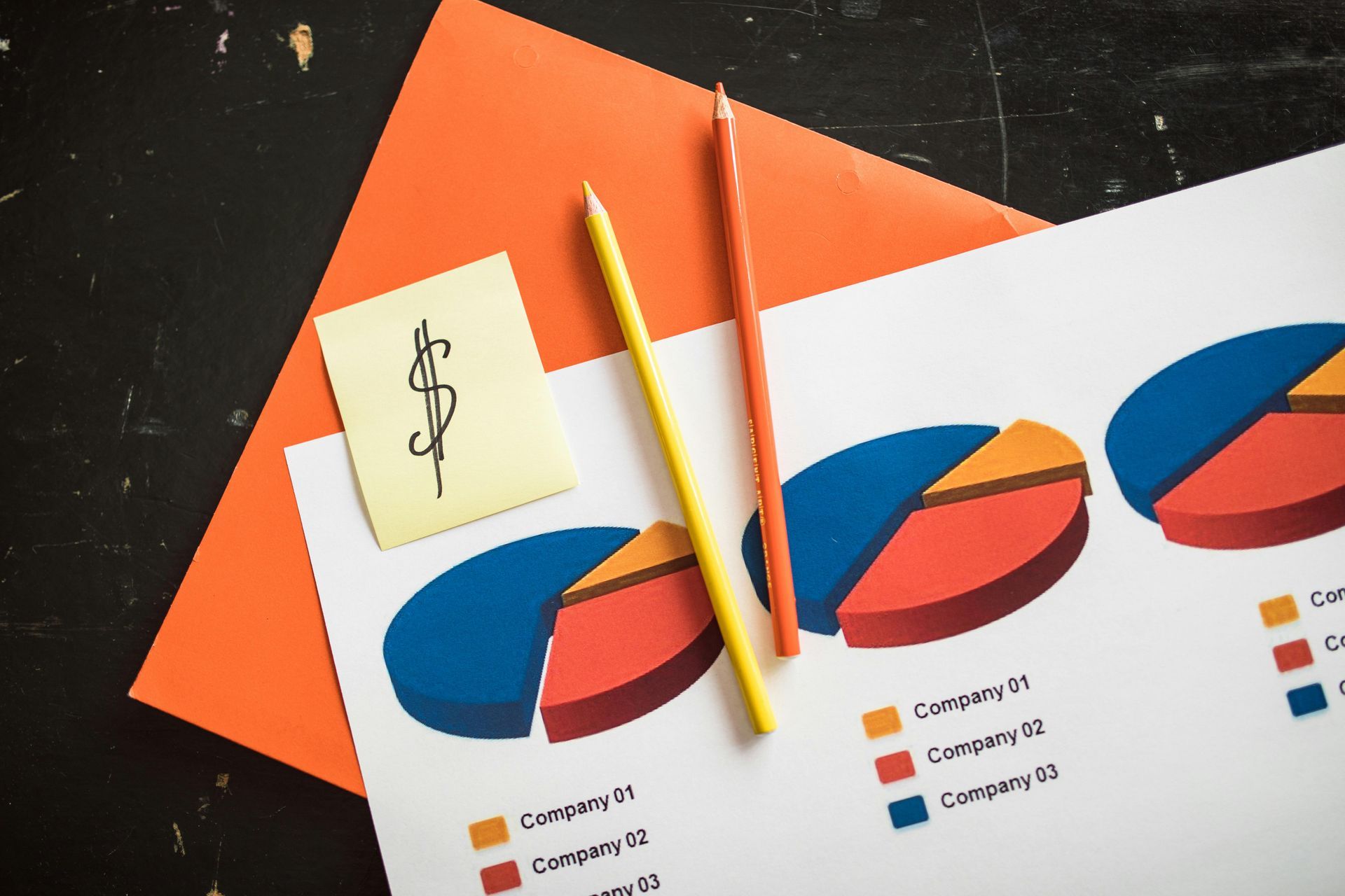 Financial charts with pens, sticky note with dollar sign, on an orange folder.