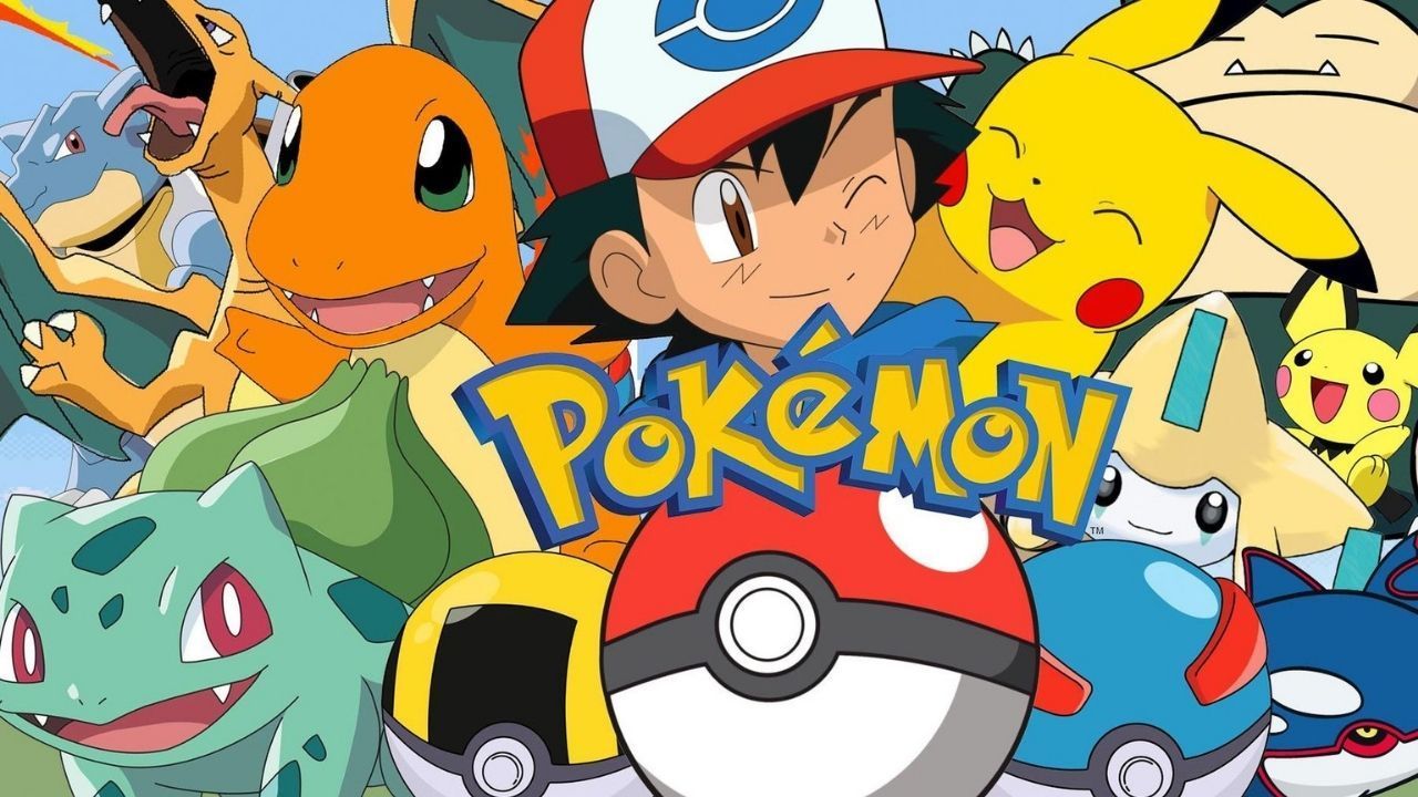 Ash Ketchum surrounded by Pokemon, including Pikachu, Bulbasaur, Charmander, and Squirtle.