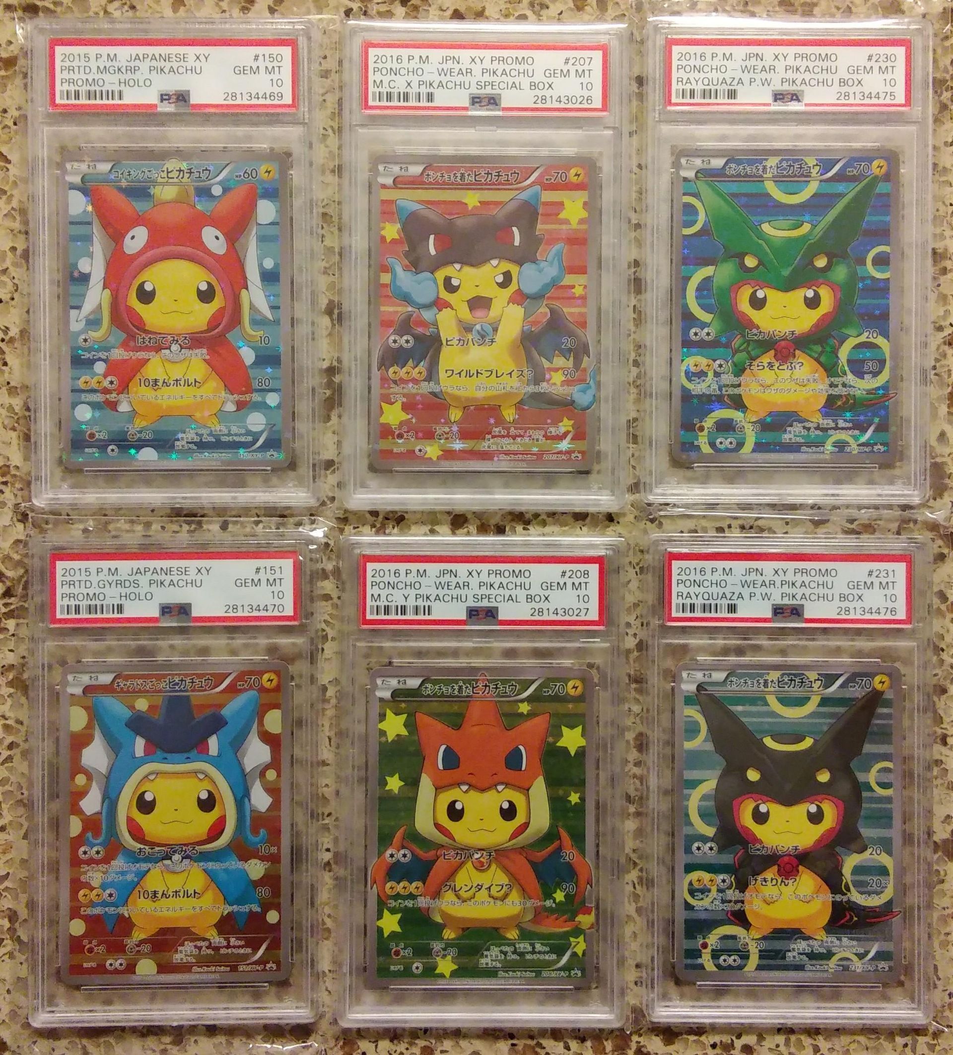 Six graded Pokémon cards, each featuring a different costumed Pikachu, displayed in a two-by-three grid.