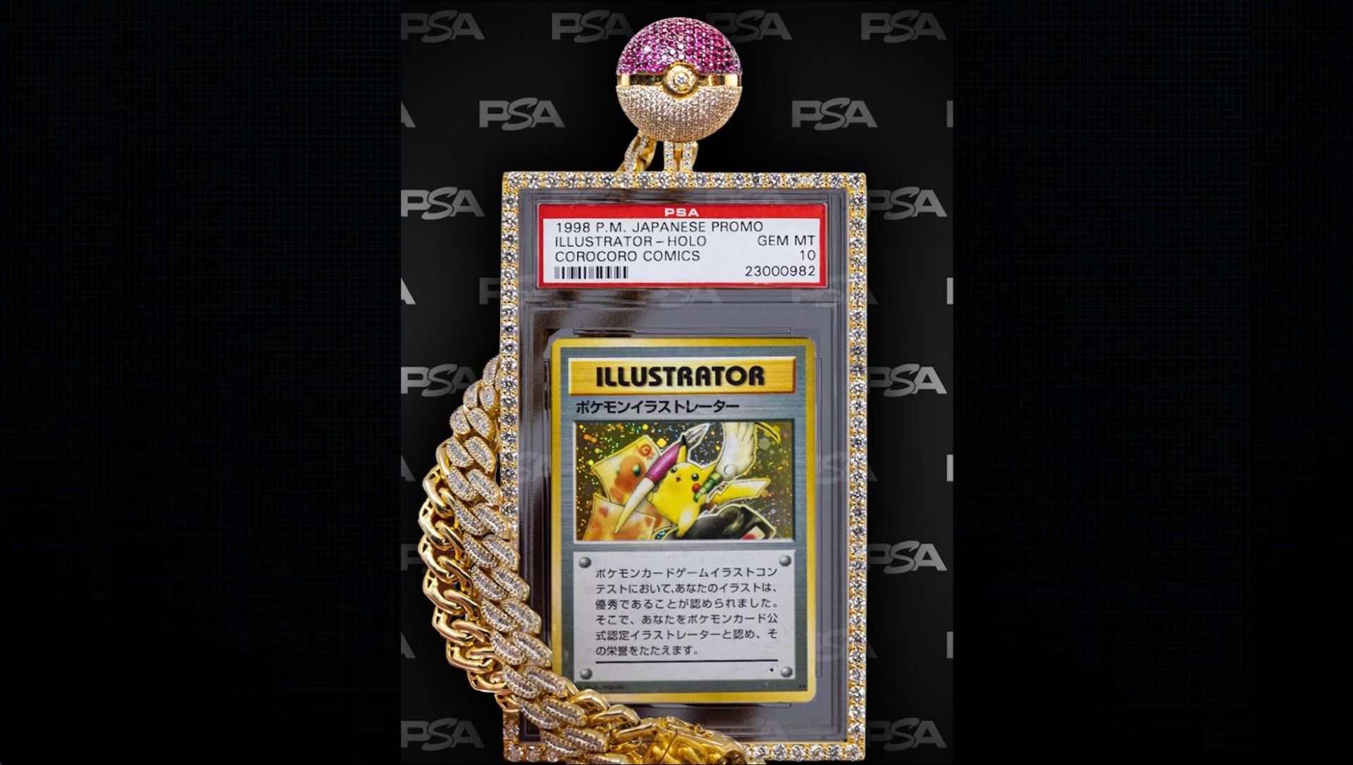 Diamond-encrusted Pokémon card pendant with a chain and a Pokéball charm on a dark background.