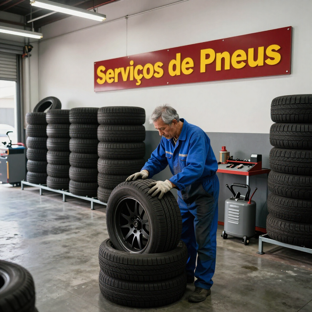 Mechanic in blue coveralls stacking tires in a tire service garage with a “Serviços de Pneus” sign