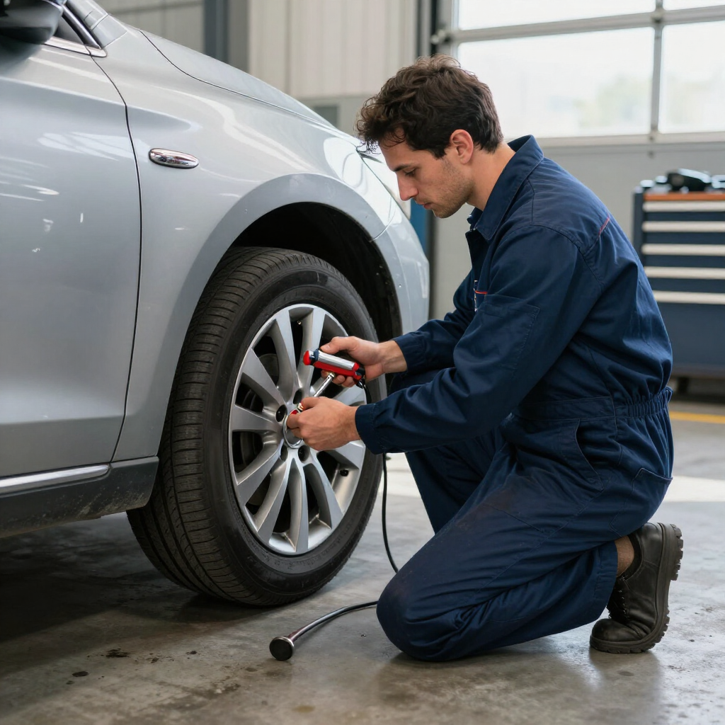 Mechanic kneeling beside a silver car, tightening lug nuts on the front wheel in a garage.