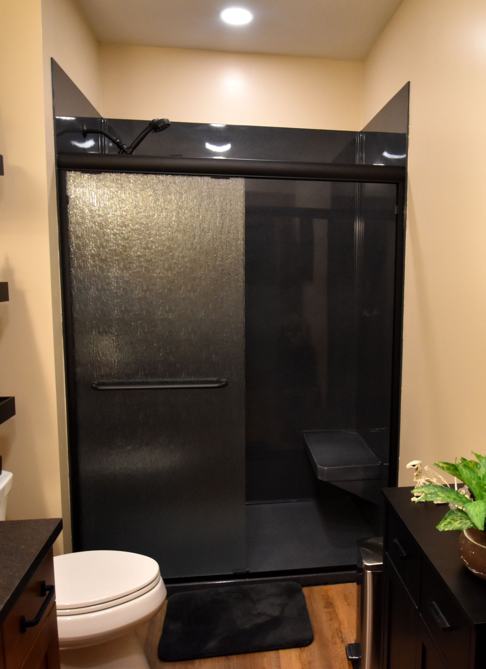 Bathroom with dark glass shower enclosure, white toilet, and black vanity on a wood floor.