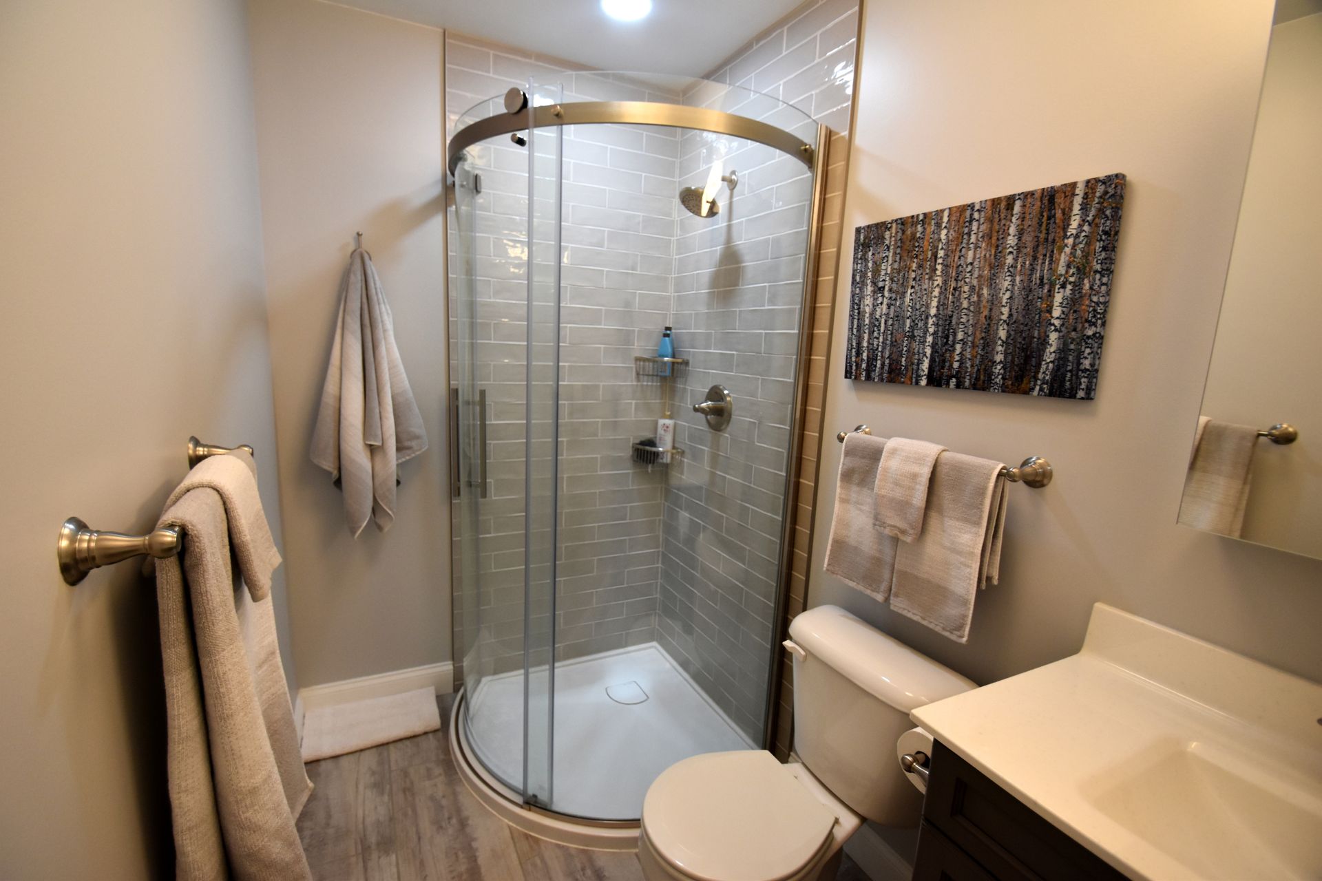 Modern bathroom with glass shower, toilet, sink, towels, and wood-look floor.