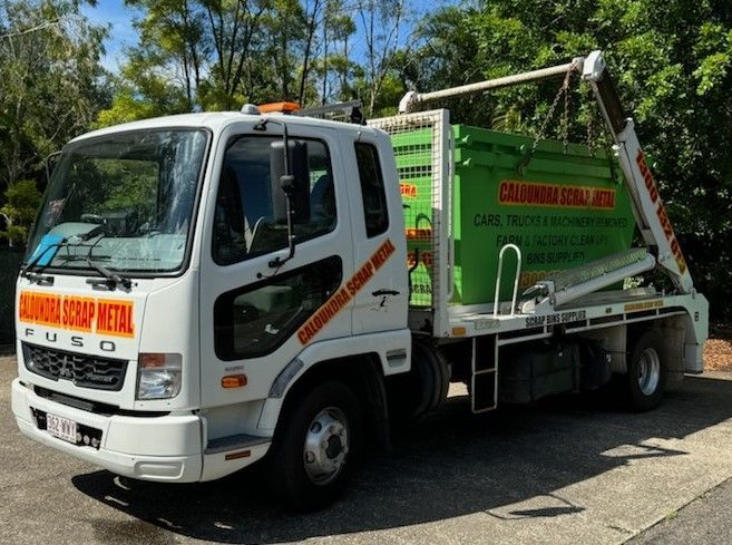 A bin truck with business name — Caloundra Scrap Metal in Landsborough, QLD