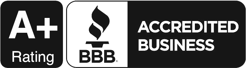 A black and white logo for an accredited business