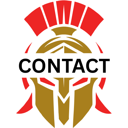 Gold and red Spartan helmet logo with