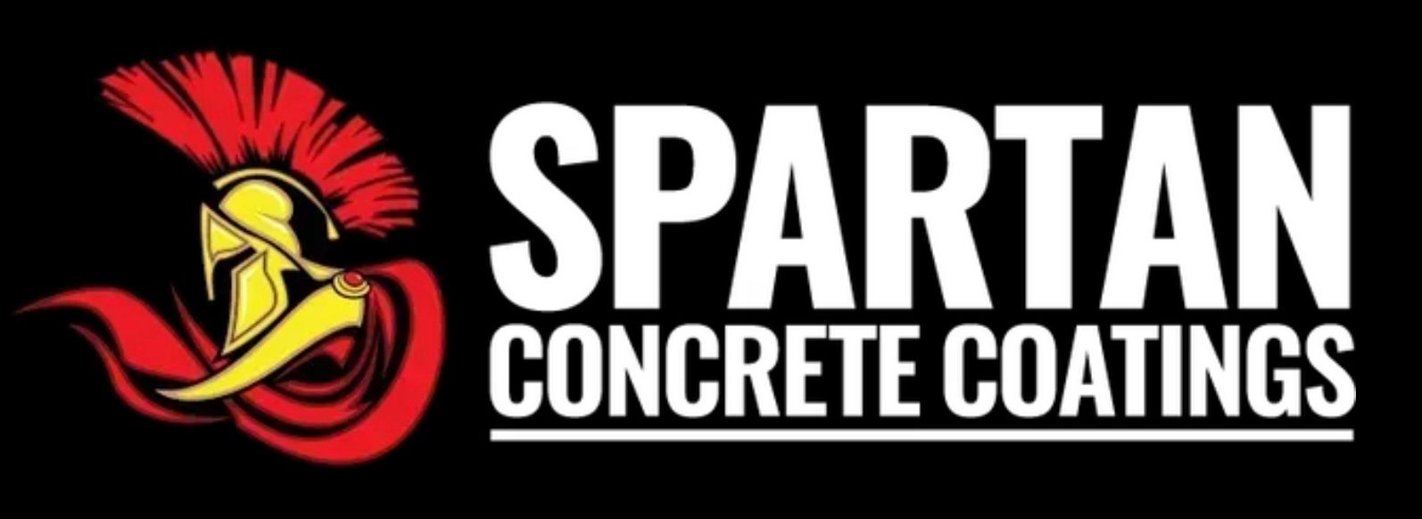 Logo for Spartan Concrete Coatings, featuring a Spartan helmet in red and gold, and the company name in white text.