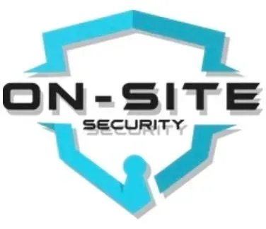 Logo for On-Site Security: black text over a teal shield outline with a keyhole inside; the shield shape suggests protection.