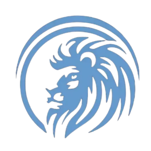 Blue lion head profile in a circle.