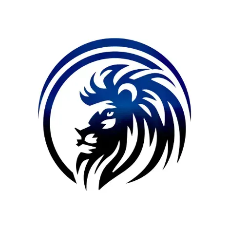 Lion's head logo in shades of blue and black, set within a circular frame. The lion is facing left, with a strong expression.