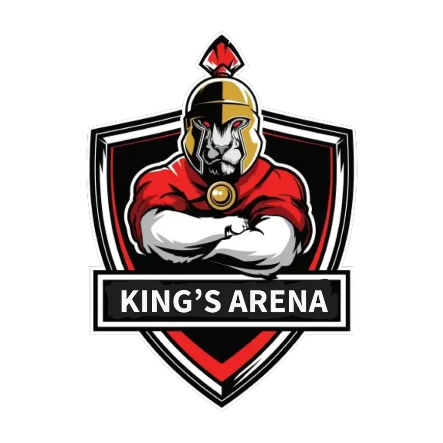 Logo: A lion-like warrior in a helmet and red armor, arms crossed, inside a shield. Text