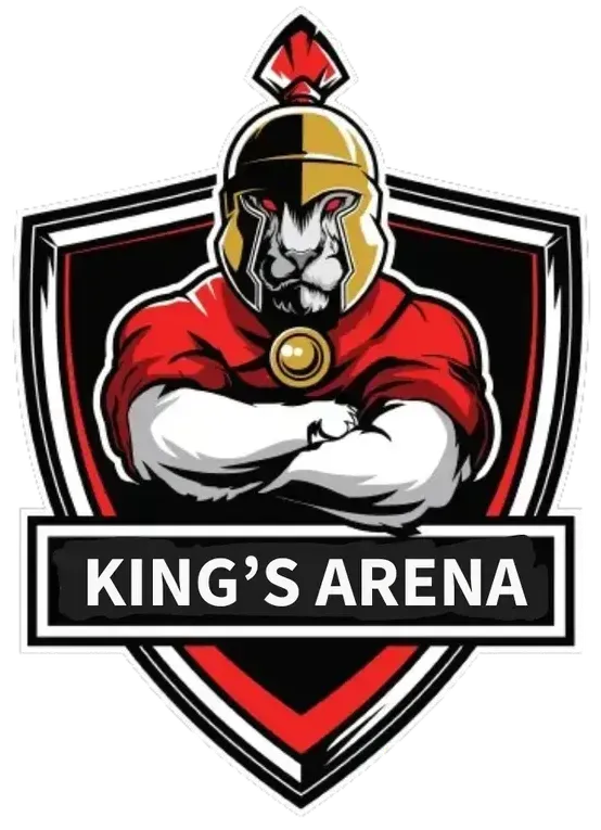 King's Arena logo: a muscular lion-like figure wearing a golden helmet and red cape, arms crossed
