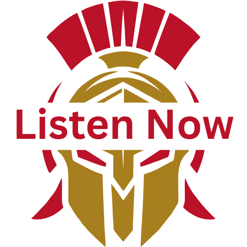 Gold and red Spartan helmet logo with