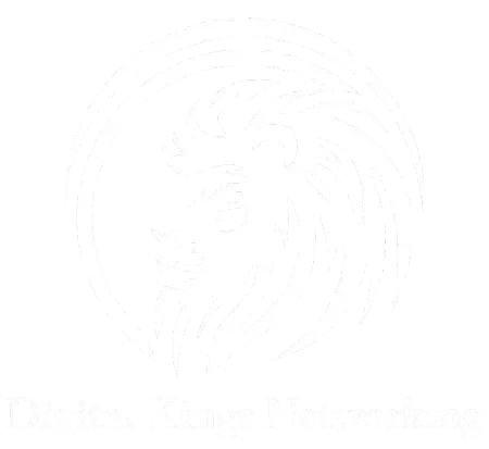 White stylized swirl design with text: