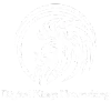 White stylized swirl design with text: 
