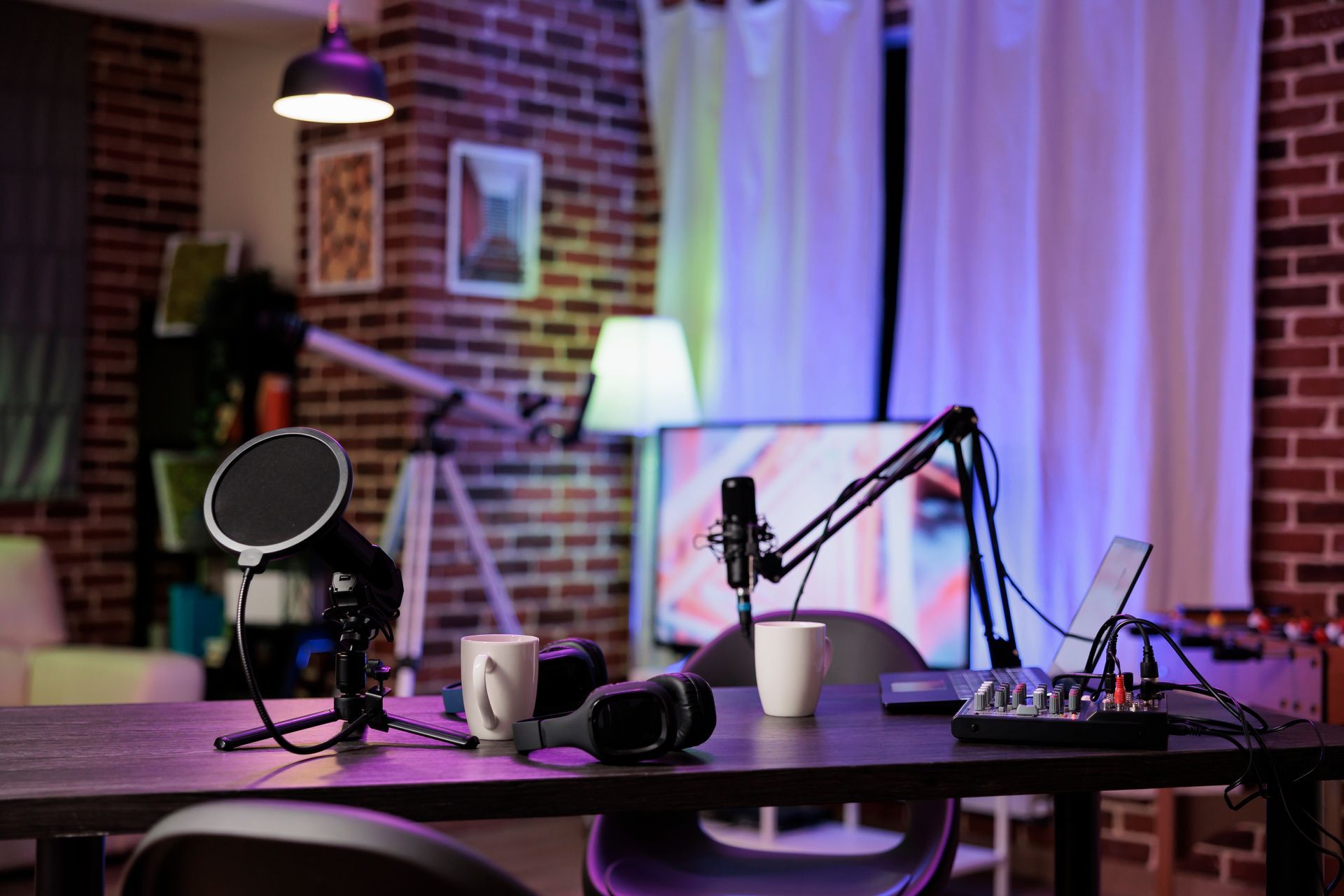 A podcast recording setup with two microphones, a laptop, headphones, and a mixing board on a desk