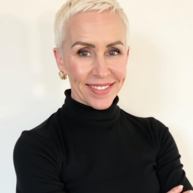 Headshot of a smiling woman with short platinum-blonde hair, a colorful patterned top, and statement earrings.