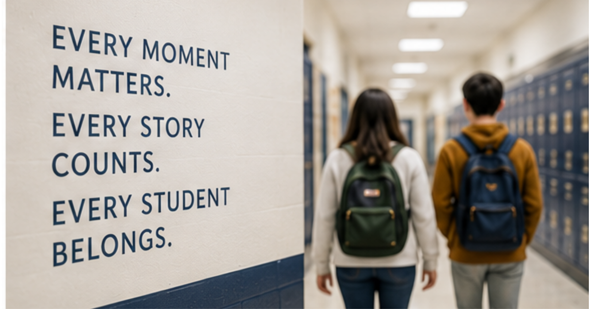 Students walking down a school hallway past a wall reading,