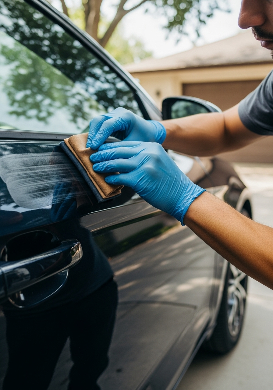 Technician applying ceramic coating with an applicator block on a dark vehicle door panel.