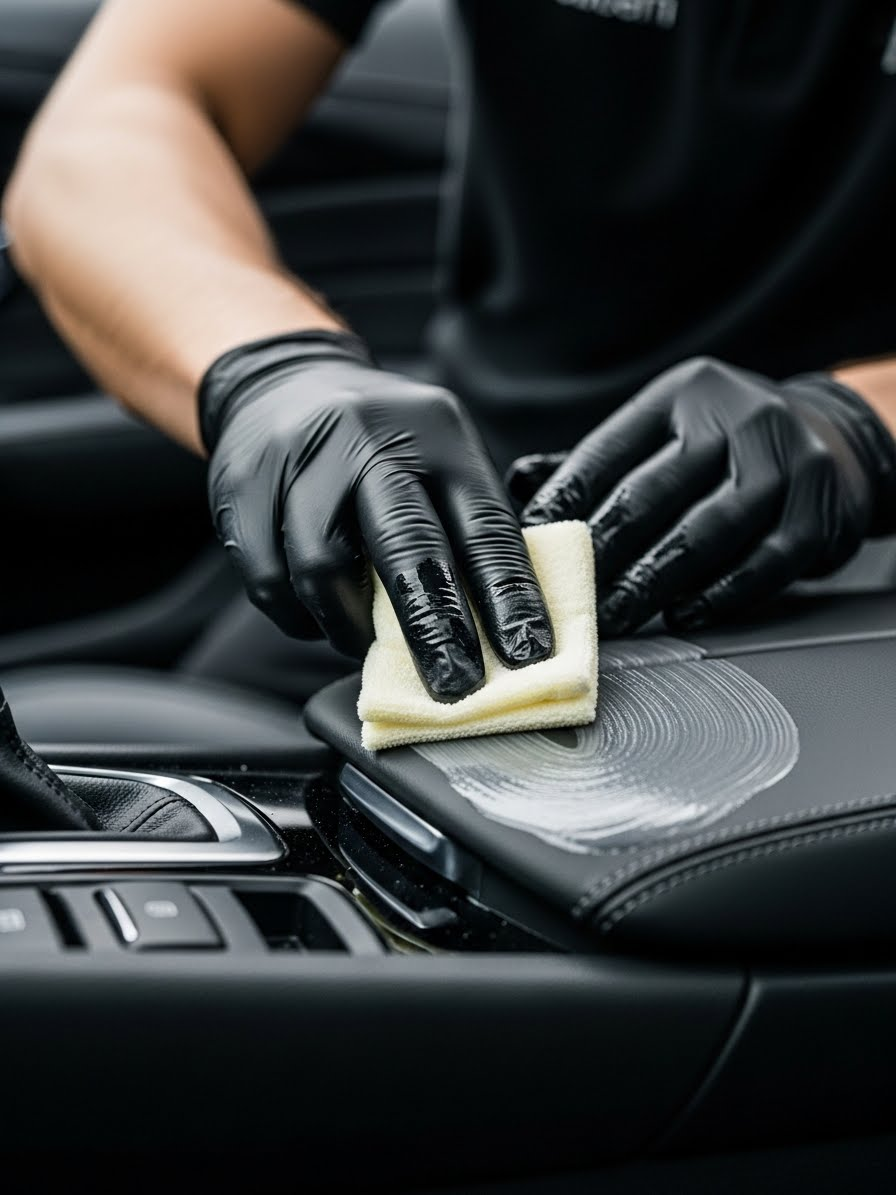 Car's rear interior with black leather seats, one folded forward, revealing the floor for a comprehensive bio-cleaning.