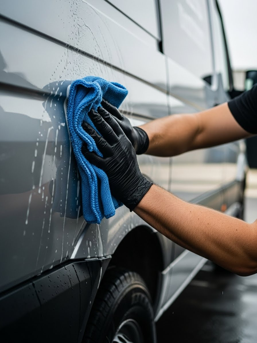 Technician hand cleaning Mercedes Sprinter side panel with microfiber mitt during professional fleet detailing