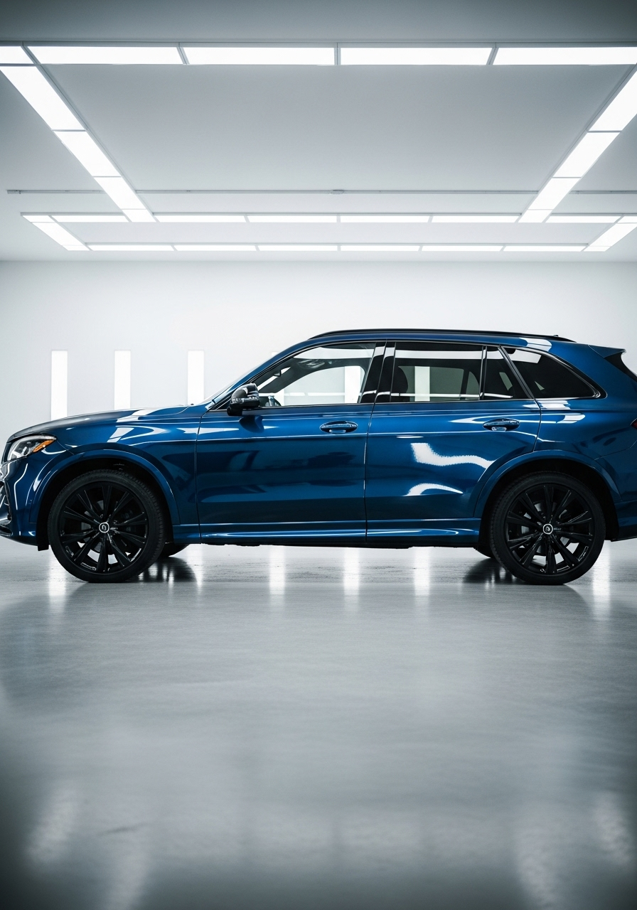 Mercedes-Benz SUV with fresh ceramic coating and smooth, wet-look reflections in a clean garage.