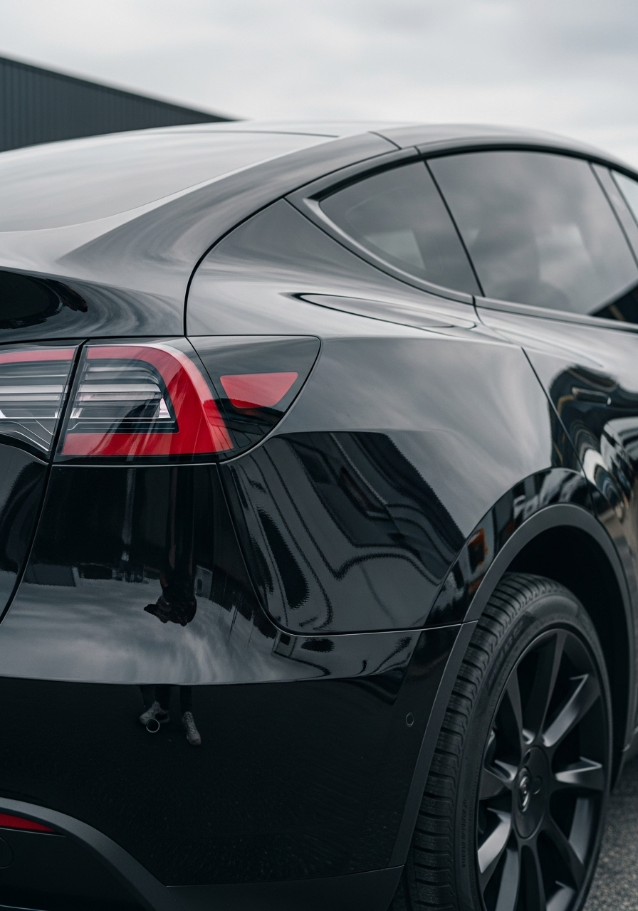 Tesla Model Y black paint with mirror-like reflections and perfectly leveled clear coat after paint correction.