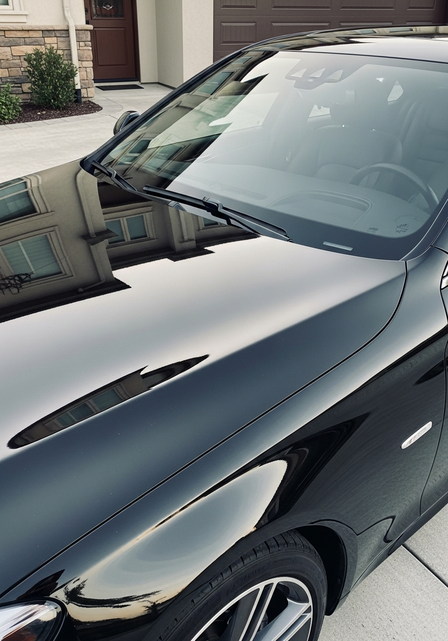 BMW sedan hood with ceramic-coated mirror-like reflections and deep gloss finish.