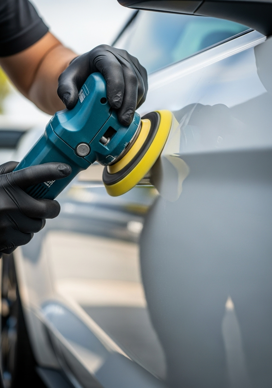 Dual-action polisher working on a Ford Mustang paint panel during paint correction.