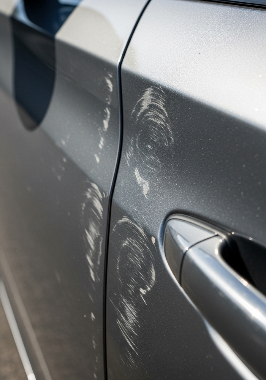 Honda Accord paint showing heavy swirl marks and clear coat haze under direct sunlight before paint correction.