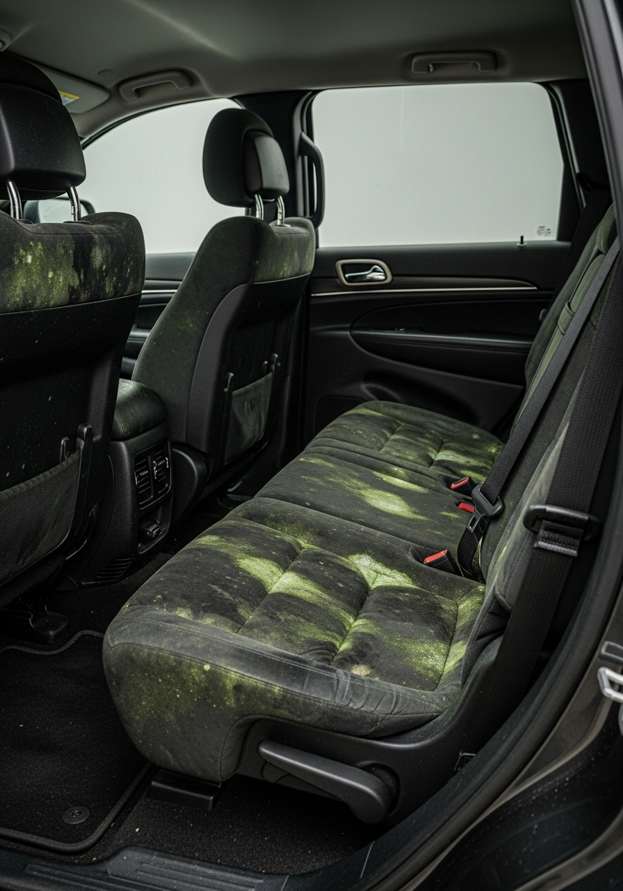 Mold growth on Jeep Grand Cherokee rear seat and seatbelt area showing moisture damage and interior health risk.