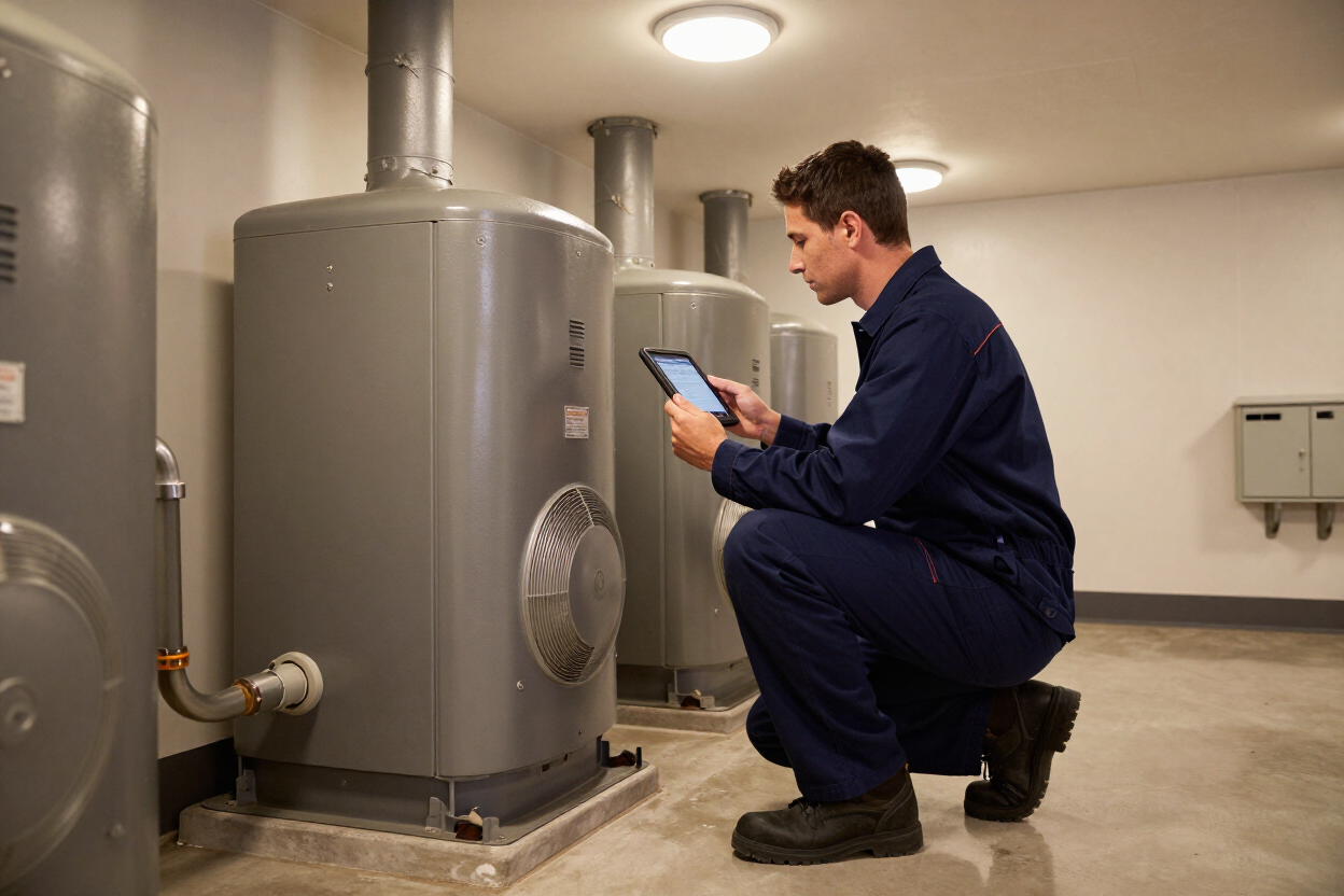 HVAC technician inspecting a furnace in a clean mechanical room
