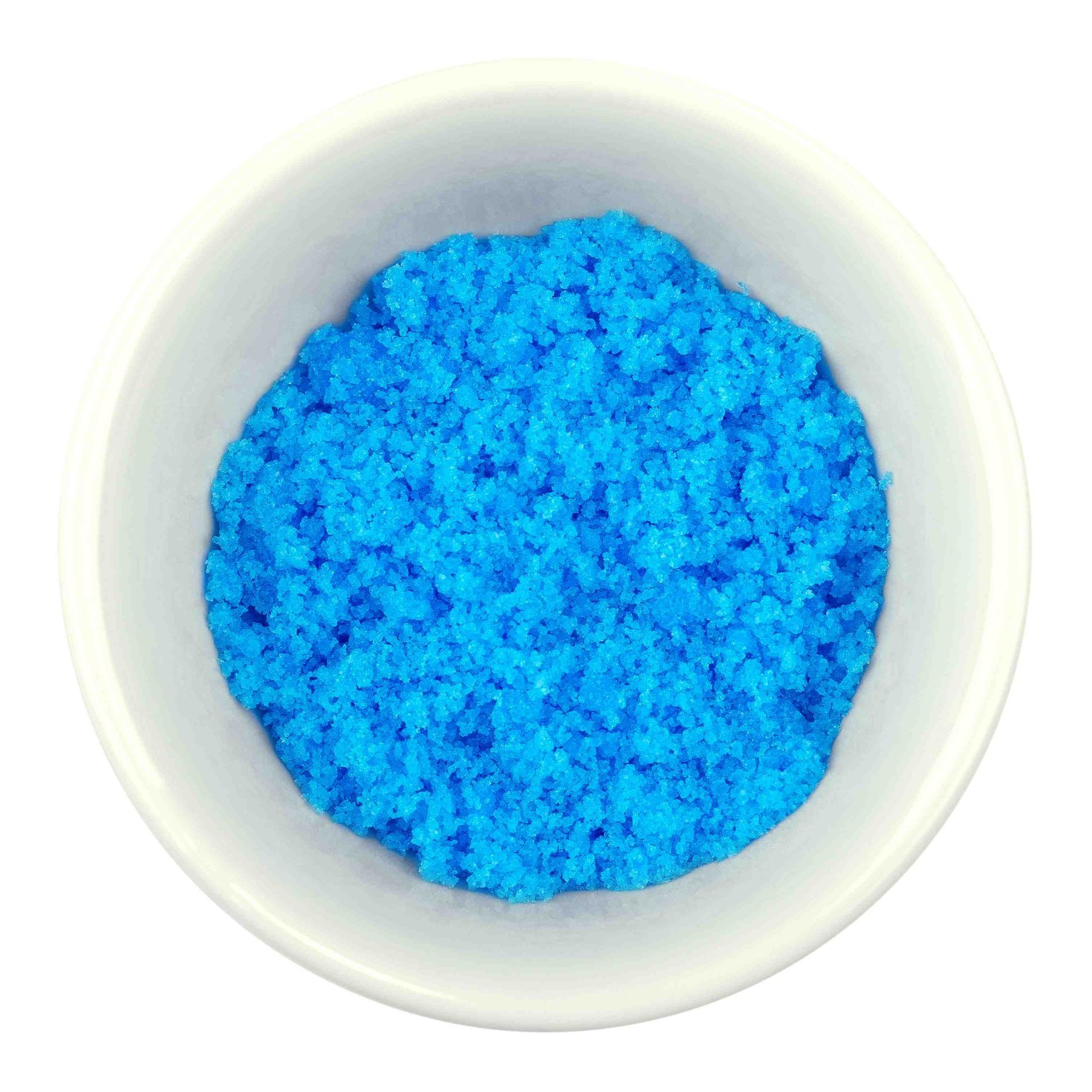 a bucket of salt that is blue colored