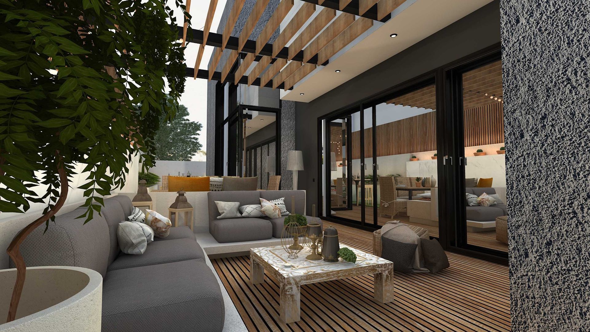 A wood patio cover over a patio