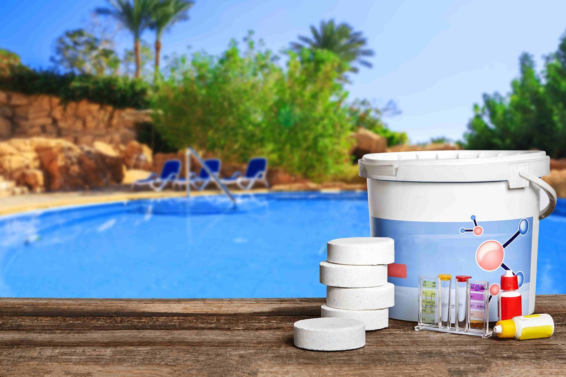 Pool chemicals beside a pool