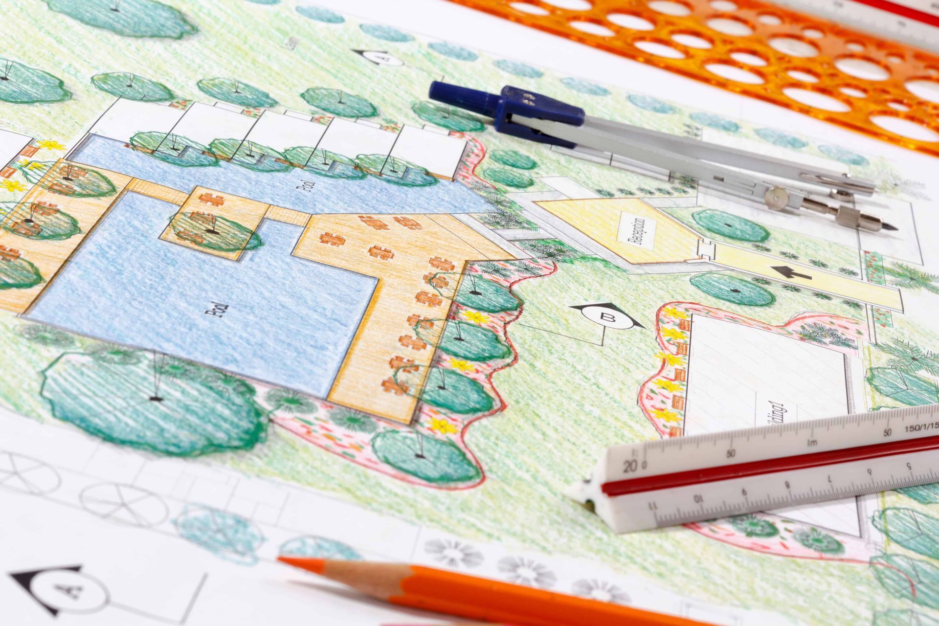 Pool landscaping sketch design