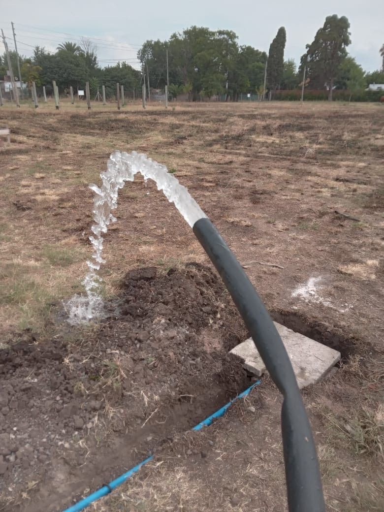 Agua rociada desde una manguera negra sobre tierra marrón, al aire libre.