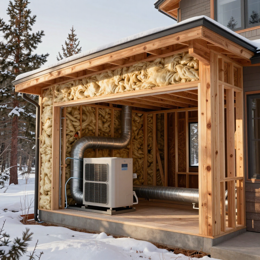 Wood-framed outdoor mechanical enclosure with heat pump unit beside a snowy house
