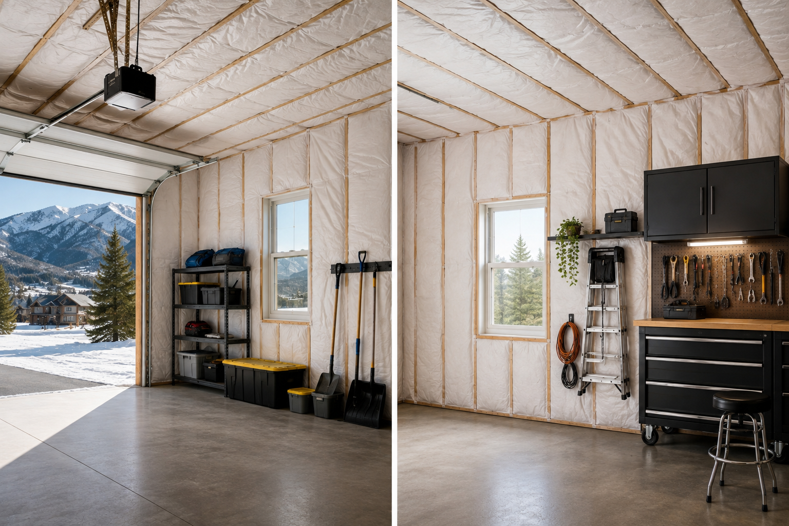 Spacious insulated garage workshop with open door, mountain view, shelves, cabinets, and a workbench