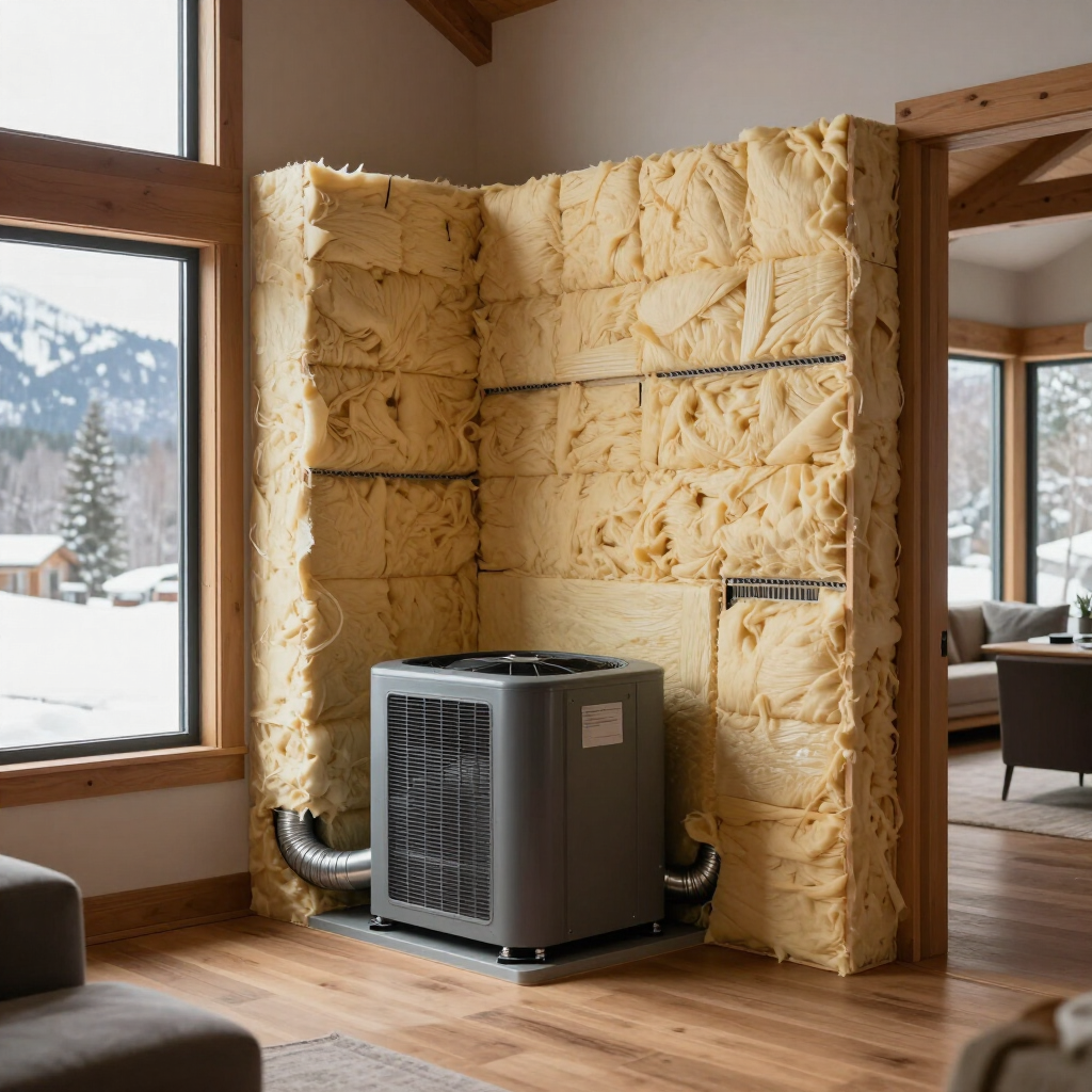 Spray-foam insulated wall with HVAC unit in a bright room by snowy windows