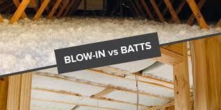 A comparison showing fluffy blow-in insulation in an attic above framed wall cavities filled with fiberglass batt insulation.